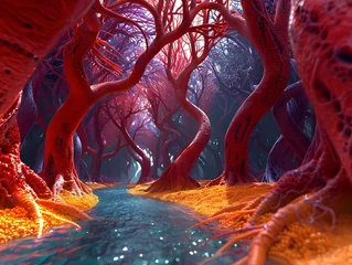 Rolgordijnen Enchanted Autumn Forest Pathway in Mysterious Twilight Scenery © Thanaphon