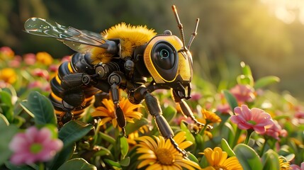 Busy Bee Gathering Pollen from Vibrant Yellow Sunflowers in Lush Summer Garden - obrazy, fototapety, plakaty
