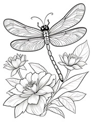 Dragonfly flower cartoon children coloring drawing without colors white background, ai generated