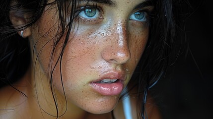   A tight shot of a woman featuring freckles scattered across her face and covering her bodily skin - obrazy, fototapety, plakaty