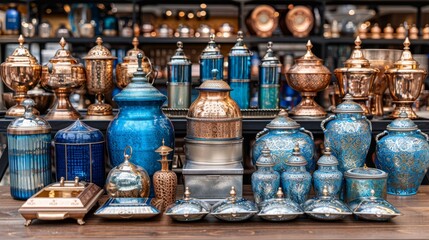   A table, adorned with several blue and golden vases, sits next to a shelf brimming with additional blue and golden vases - obrazy, fototapety, plakaty