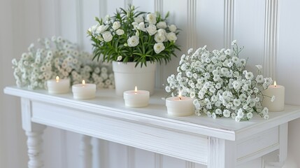   A table adorned with white flowers and candles sits beside a potted plant, while another potted plant graces the mantle's surface