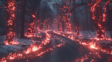   In a snow-laden forest, a road is flanked by trees bearing red lights on both sides