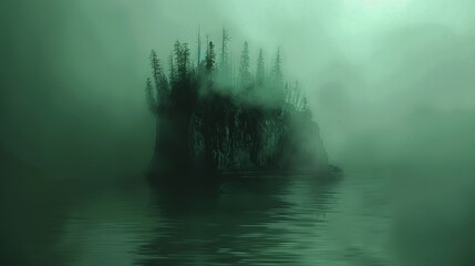   A fog-enshrouded lake, with an isle nestled in its center, and trees lining its banks
