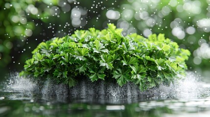   A tight shot of various green plants basking in a puddle, with water droplets scattering the ground beneath them