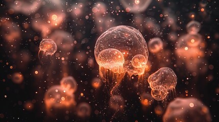   A group of jellyfish floating in the water with bubbles, and bubbles at the image's bottom Black background - obrazy, fototapety, plakaty