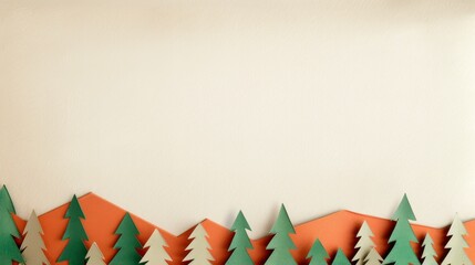 Colorful paper art forest and mountains. A creative panoramic paper art of a forest with bright colored trees against white mountains and a backdrop. Great for christmass postcard design inspiration - 783915214