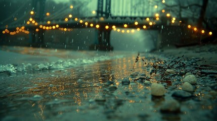   A wet street featuring a bridge in the background and lights glowing on the opposite side during rainfall