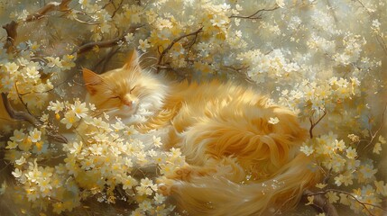   A painting of a cat napping on a tree's branch, adorned with white blossoms in the background, features an orange-white feline