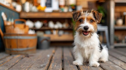   A brown-and-white dog sits atop a wooden floor, near a shelf brimming with pots and pans - obrazy, fototapety, plakaty