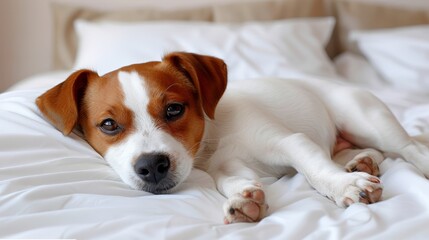  A brown-and-white dog lies on a bed, next to a white comforter