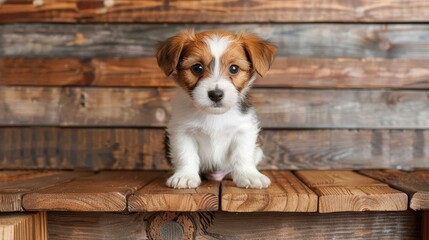   A small brown and white dog sits atop a wooden bench, framed by a wood-paneled wall behind it
