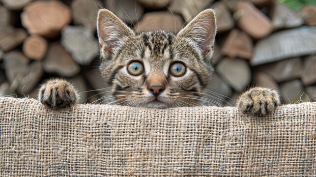   A cat peeking out from behind a burlap sack