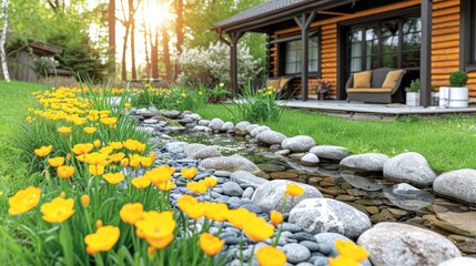   A log cabin with a porch backs a garden, featuring grass and flowers in the foreground, and yellow flowers amidst rocks in the middle ground