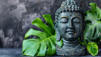   Close-up of Buddha statue with foreground plant, gray background wall