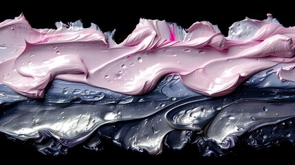   Close-up of a cake slice with rosy pink icing and water droplets