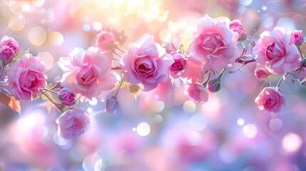   A branch bears numerous pink roses blooming before a bright backdrop of light  A branch displays a multitude of blooming pink roses against a radiant background of light