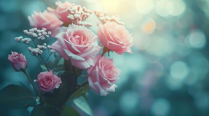   A table holds a vase of pink roses and another of baby's breath - obrazy, fototapety, plakaty