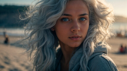 Fototapeta premium A girl with blue hair close-up against the background of the sea.