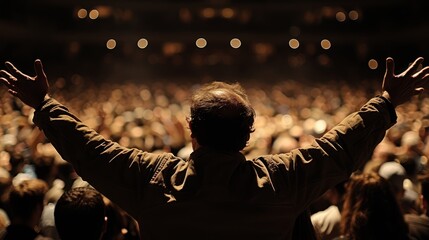   A man raises his hands above his head before a crowded assembly