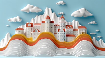  castle atop mountain, wave in foreground, clouds in background