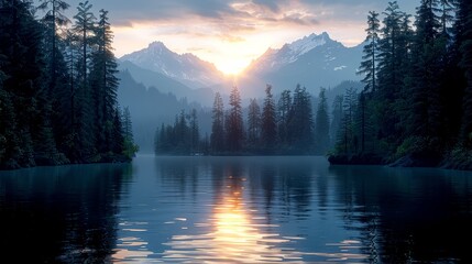   A scenic body of water, encircled by trees, lies before a backdrop of towering mountain range Sunbeams pierce through the clouds - obrazy, fototapety, plakaty