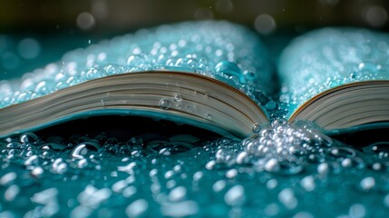   A book open on a water-covered table, with droplets atop it