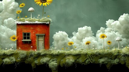   A house in a field, surrounded by sunflowers in the foreground, and clouds in the background