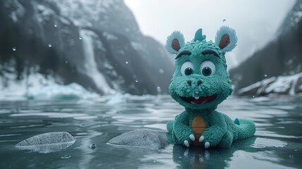   A tight shot of a plush toy submerged in water, surrounded by mountains in the distance with snow-covered peaks