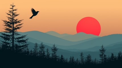   A bird flies before a sunset over mountain ranges, framed by a pine tree in the foreground and another in the distance - obrazy, fototapety, plakaty