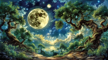   A forest scene painted under a full moon Stars speckle the night sky above treetops