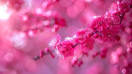   A branch of a tree, closely framed, bears pink blooms in the foreground; background softly blurred