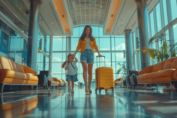 Woman and Child Walking Through Airport - obrazy, fototapety, plakaty