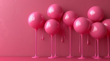   A lineup of pink balloons touches a pink wall; their undersides drip in pale pink paint