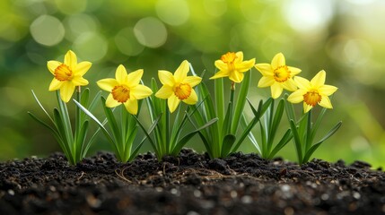   A collection of yellow daffodils emerges from the ground against a hazy backdrop