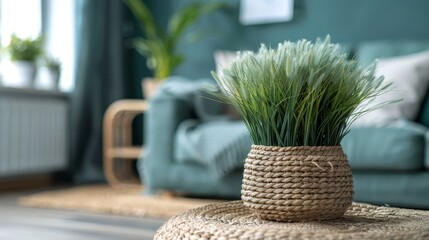   A tight shot of a grass plant in a rope vase, situated on a table against a backdrop of a couch and room interior - obrazy, fototapety, plakaty