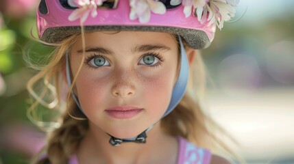   A tight shot of a young girl donning a pink bicycle helmet adorned with flowers atop its visor - obrazy, fototapety, plakaty