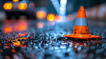   A tight shot of a traffic cone on a slick surface, backdrop featuring indistinct, wet-look lights - obrazy, fototapety, plakaty