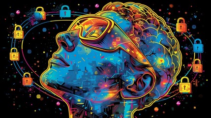 Colorful artistic representation of a human head with digital brain and vibrant security padlocks, portraying creative cybersecurity concepts