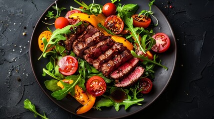   A black plate holds a steak, tomatoes, and lettuce arrangement Nearby, a knife and fork wait ready for use - obrazy, fototapety, plakaty