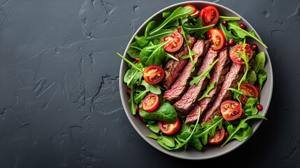  Steak, tomatoes, and spinach in a salad atop a dark table