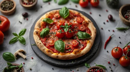   A pizza atop a pan on a table, nearby, a bowl of tomatoes and basil