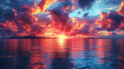   A vast expanse of water with a cloud-filled sky, the sun setting centrally