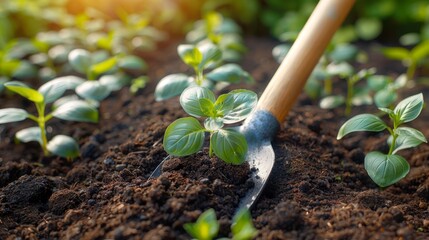   A tight shot of a garden fork buried in soil, featuring a plant growing from the ground's center, surrounded by other vegetation in the backdrop