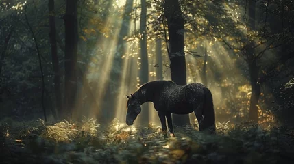 Foto op Canvas   A horse stands in a forest, sunlight filtering through tree leaves Trees frame the scene as sunbeams illuminate the clearing © Jevjenijs