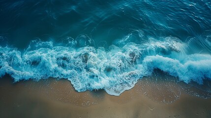 Fototapeta na wymiar Waves crashing on sandy beach Surfboard in foreground