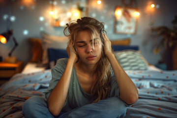 Fototapeta premium Woman Sitting on Bed With Head in Hands