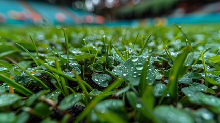   A tight shot of grass dotted with water droplets, a stadium lies in the distant background