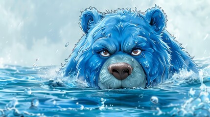   A tight shot of a blue bear submerged in water, with droplets cascading down its face - obrazy, fototapety, plakaty