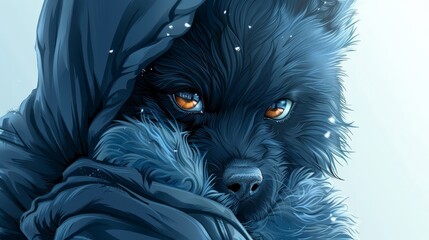   A depiction of a wolf in hooded coat, orange eyes concealed beneath, covered by a blanket - obrazy, fototapety, plakaty